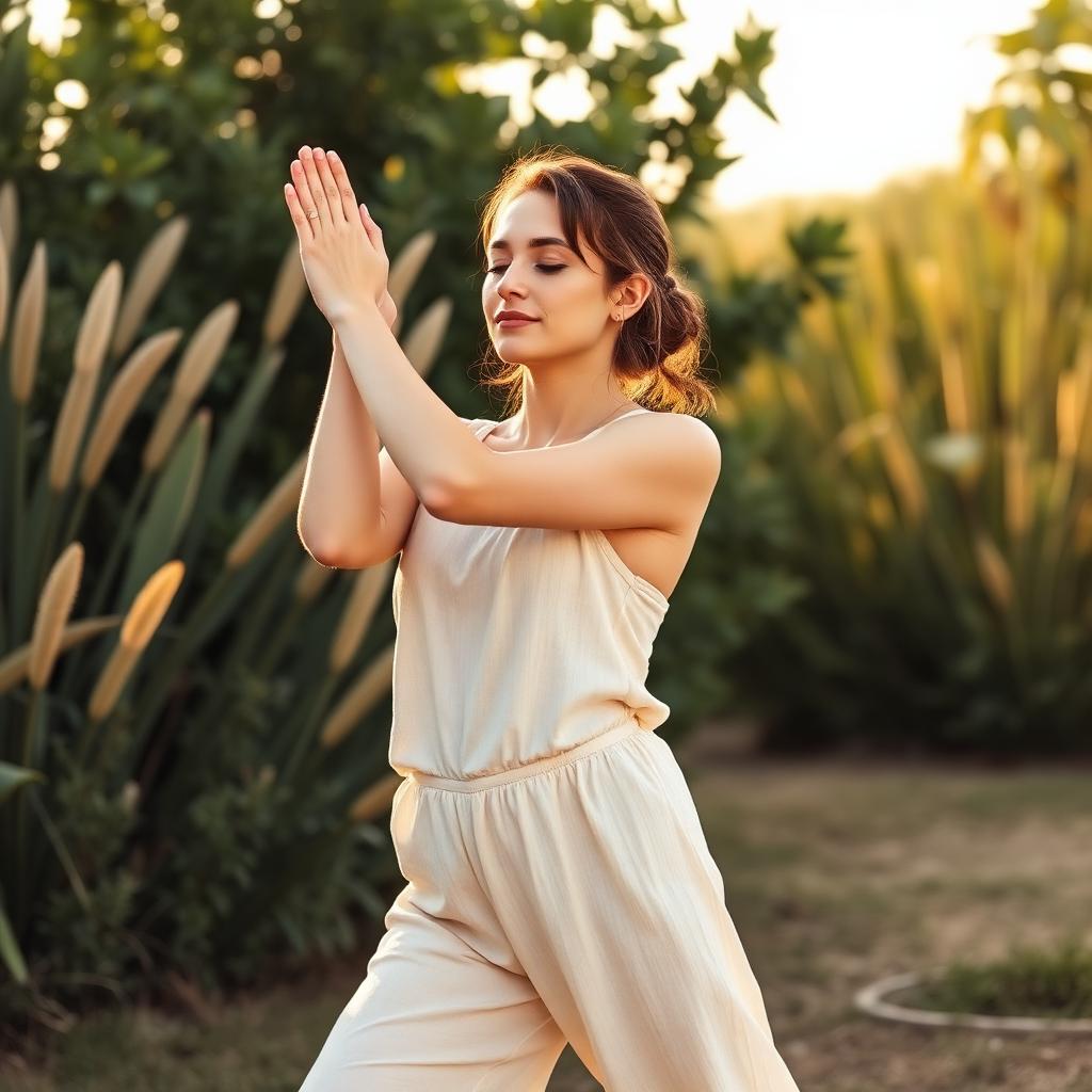 A person in soft light practicing calm mindful stretching outdoors